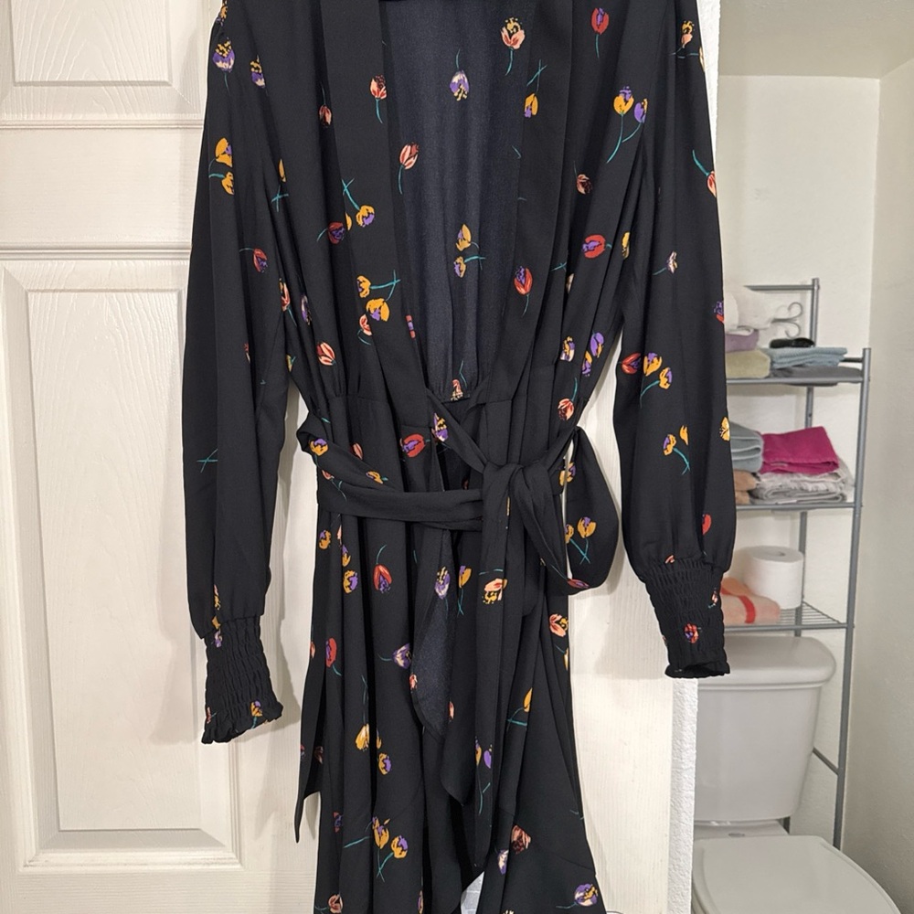 CAbi Black Wrap Dress with Tie Front and Bishop Sleeves